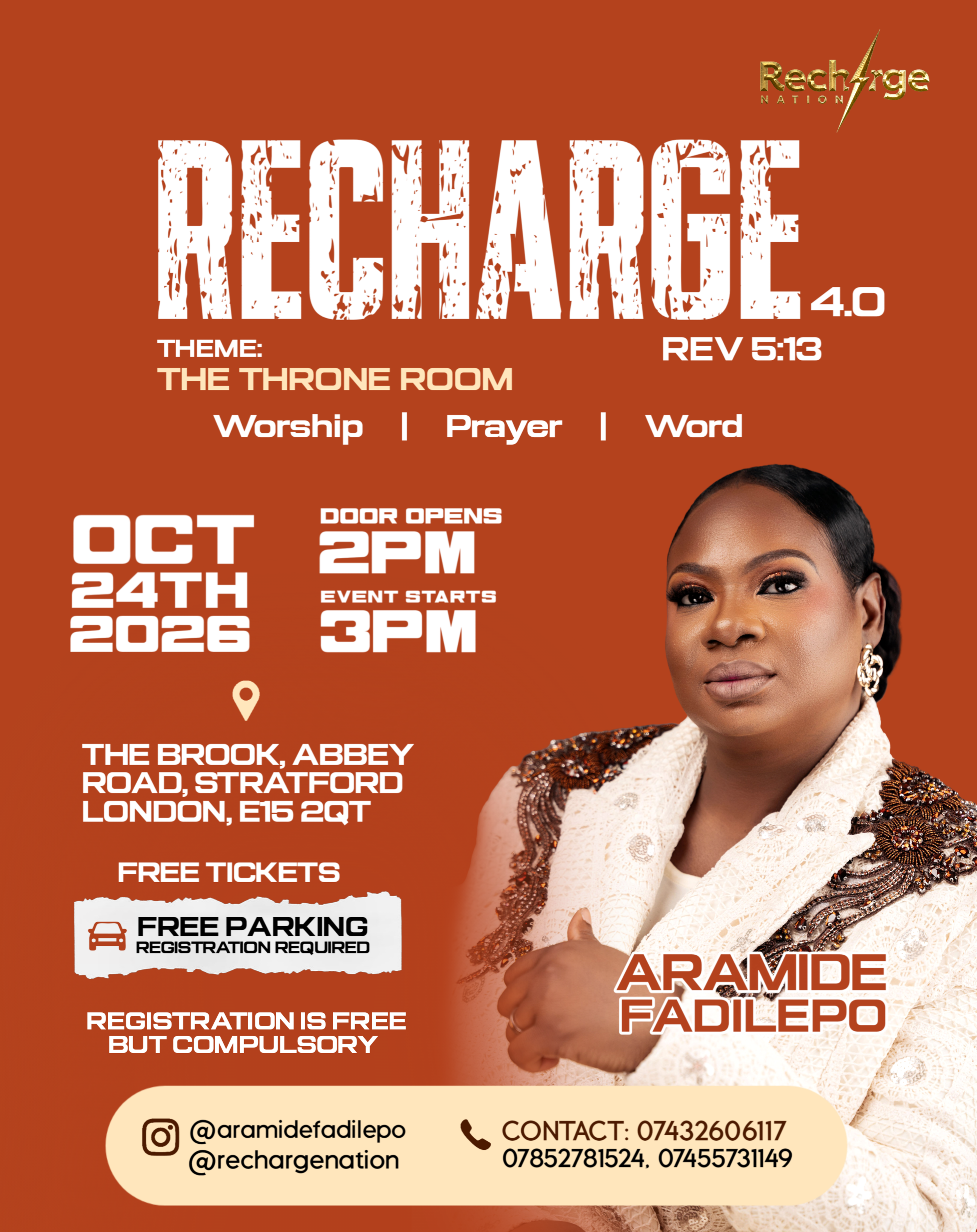 Recharge 4.0 — The Throne Room, October 24 2026, The Brook Stratford, featuring Aramide Fadilepo
